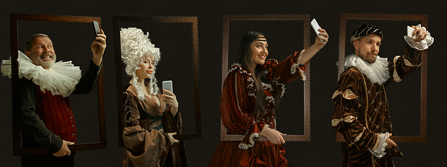 Image showing Medieval people as a royalty persons in vintage clothing on dark background. Concept of comparison of eras, modernity and renaissance, baroque style.