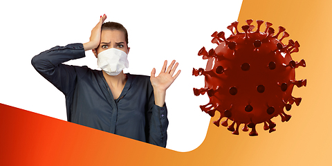 Image showing Woman in protective face maskon white and orange fluid background. New rules of COVID spreading prevention