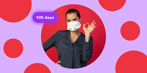 Image showing Woman in protective face mask on bright studio background. New rules of COVID spreading prevention