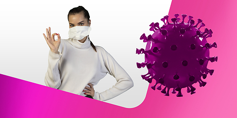 Image showing Woman in protective face mask on white and fluid pink background. New rules of COVID spreading prevention