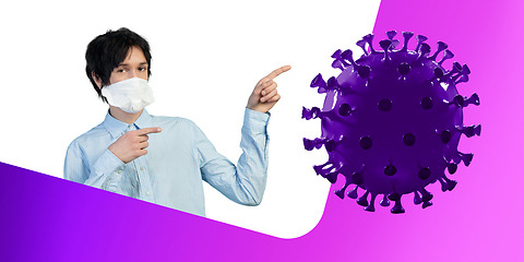 Image showing Man in protective face mask isolated on white and fluid purple studio background. New rules of COVID spreading prevention