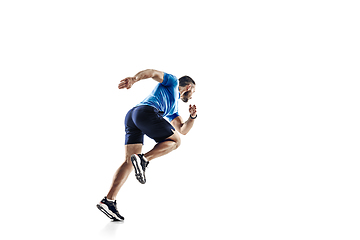 Image showing Caucasian professional male runner, athlete training isolated on white studio background. Copyspace for ad.