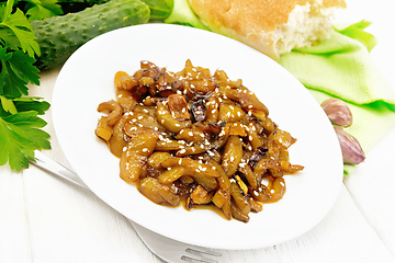 Image showing Cucumber fried in plate on board