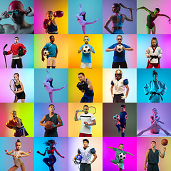 Image showing Sport collage of professional athletes on multicolored neoned background. Concept of motion, action, power, active lifestyle.