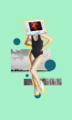 Image showing Contemporary art collage. Young slim girl headed of device screen.