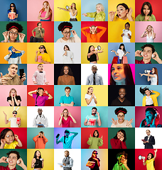 Image showing Collage of faces of emotional people on multicolored backgrounds. Expressive male and female models, multiethnic group, bright colors combination