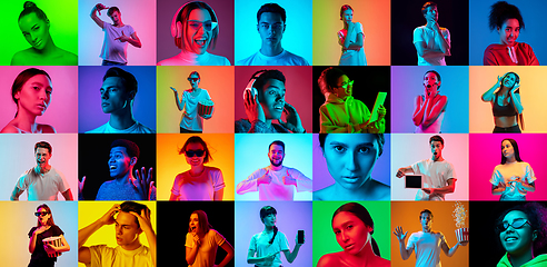 Image showing Collage of faces of emotional people on multicolored backgrounds. Expressive male and female models, multiethnic group, bright colors combination in neon