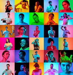 Image showing Collage of faces of emotional people on multicolored backgrounds. Expressive male and female models, multiethnic group, bright colors combination