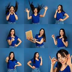 Image showing Collage made of photos of beautiful female\'s half-length portraits isolated on blue studio background.