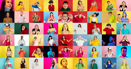 Image showing Collage of faces of emotional people on multicolored backgrounds. Expressive male and female models, multiethnic group, bright colors combination