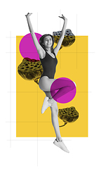 Image showing Happy girl dancing isolated on geometric background. Art collage.