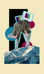 Image showing Abstract collage. Stylish and fashionable woman and man headed of tv set.