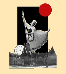 Image showing Graceful girl ballet dancer dancing over city background. Art collage.