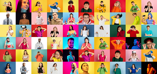 Image showing Collage of faces of emotional people on multicolored backgrounds. Expressive male and female models, multiethnic group, bright colors combination