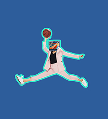 Image showing Collage. Young girl headed of TV set jumping with basket ball on blue background