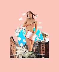 Image showing Art collage. Portrait of beautiful slim girl posing over pink background.