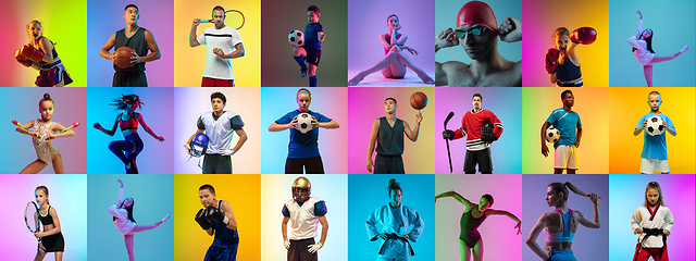 Image showing Sport collage of professional athletes on multicolored neoned background. Concept of motion, action, power, active lifestyle.