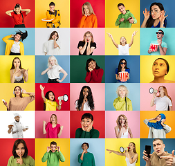 Image showing Collage of faces of emotional people on multicolored backgrounds. Expressive male and female models, multiethnic group, bright colors combination