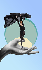 Image showing Graceful girl ballet dancer dancing on human hand. Art collage.