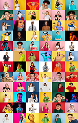 Image showing Collage of faces of emotional people on multicolored backgrounds. Expressive male and female models, multiethnic group, bright colors combination