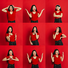 Image showing Collage made of photos of beautiful female\'s half-length portraits isolated on red studio background.