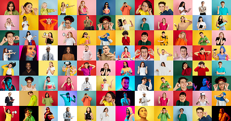 Image showing Collage of faces of emotional people on multicolored backgrounds. Expressive male and female models, multiethnic group, bright colors combination