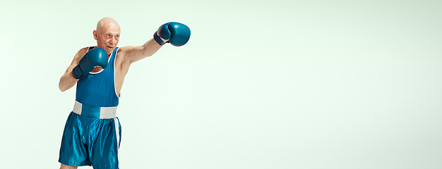 Image showing Senior man wearing sportwear boxing isolated on studio background. Concept of sport, activity, movement, wellbeing. Copyspace, ad.