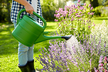 Image showing young woman watering flowers at garden