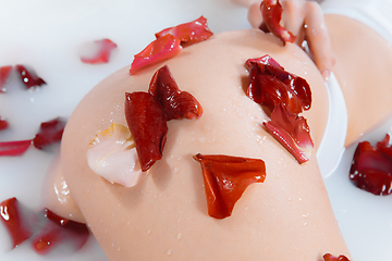 Image showing Close up female hip in the milk bath with soft white glowing and rose petals. Copyspace for advertising. Beauty, fashion, style, bodycare concept.