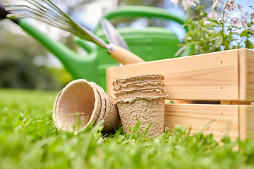 Image showing garden tools and flowers in wooden box at summer