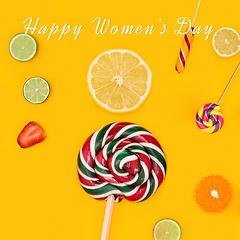 Image showing Composition of fruits and sweets for International Women\'s Day.