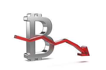 Image showing Bitcoin symbol with red arrow pointing down
