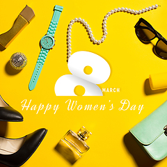 Image showing Composition of female accessories for International Women\'s Day.