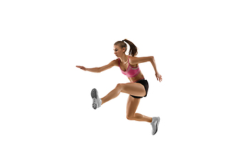 Image showing Caucasian professional female runner, athlete training isolated on white studio background. Copyspace for ad.