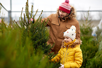 Image showing happy family choosing christmas tree at market