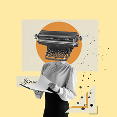 Image showing Art collage. Young woman headed of retro typewriter on light background.