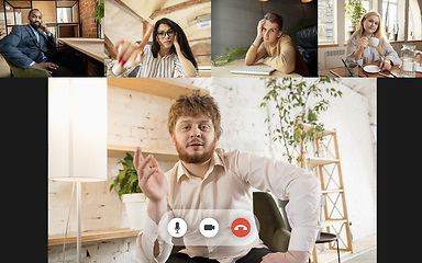 Image showing Team working by group video call share ideas brainstorming use video conference.