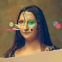 Image showing Art collage. Young woman as Mona Lisa replica isolated on dark background.