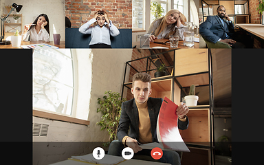 Image showing Team working by group video call share ideas brainstorming use video conference.