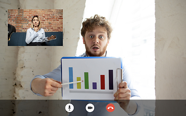 Image showing Team working by group video call share ideas brainstorming use video conference.