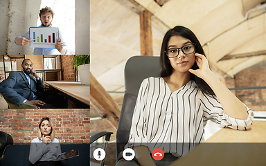 Image showing Team working by group video call share ideas brainstorming use video conference.