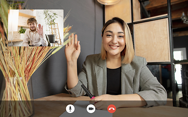 Image showing Team working by group video call share ideas brainstorming use video conference.