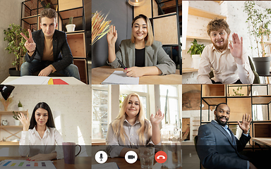 Image showing Team working by group video call share ideas brainstorming use video conference.
