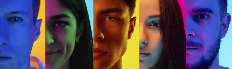 Image showing Collage of portraits of young emotional people on multicolored background in neon. Concept of human emotions, facial expression, sales.