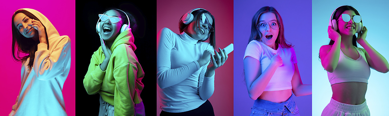 Image showing Collage of portraits of young emotional people on multicolored background in neon. Concept of human emotions, facial expression, sales.