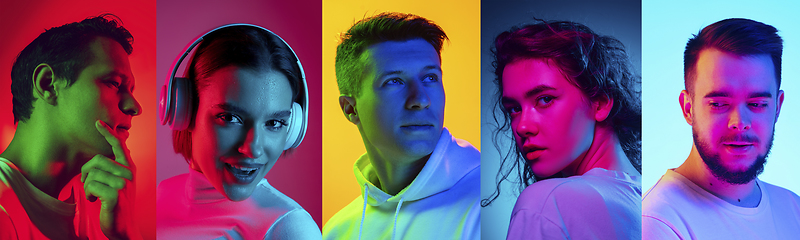 Image showing Collage of portraits of young emotional people on multicolored background in neon. Concept of human emotions, facial expression, sales.