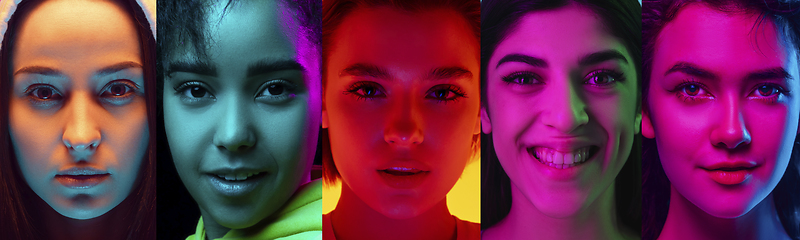 Image showing Collage of portraits of young emotional girls on multicolored background in neon. Concept of human emotions, facial expression, sales.