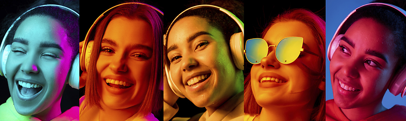 Image showing Collage of portraits of young emotional girls on multicolored background in neon. Concept of human emotions, facial expression, sales.