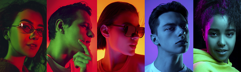 Image showing Collage of portraits of young emotional people on multicolored background in neon. Concept of human emotions, facial expression, sales.