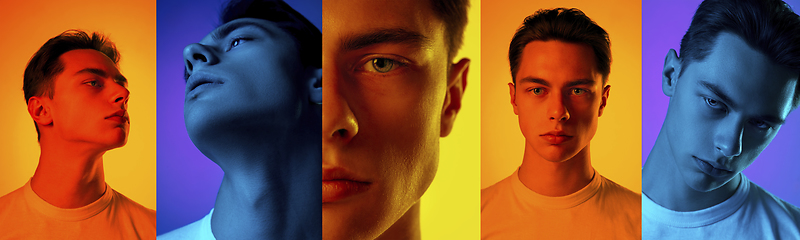 Image showing Collage of portraits of young stylish man on multicolored background in neon. Concept of human emotions, facial expression, sales.